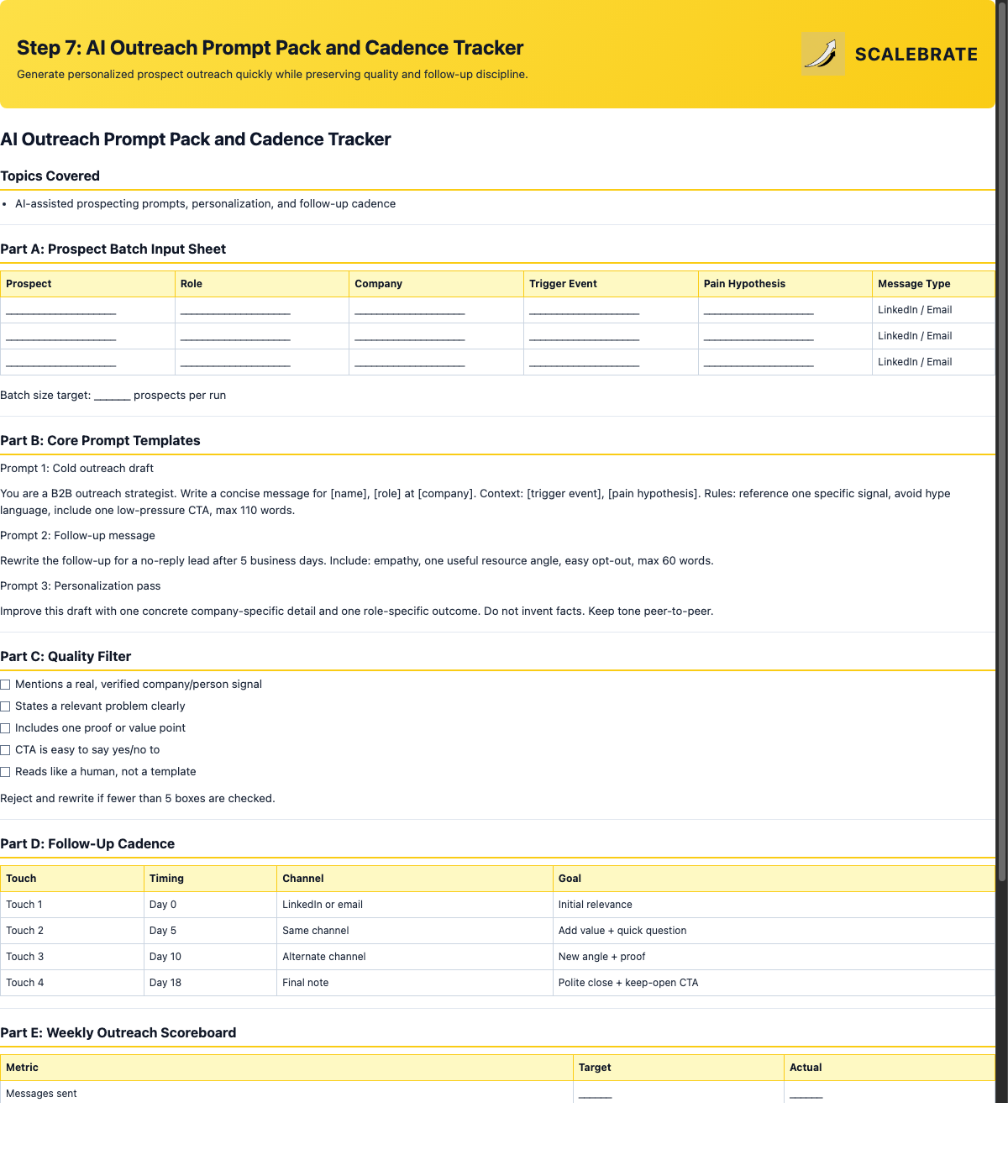 Preview of the AI Outreach Prompt Pack and Cadence Tracker
