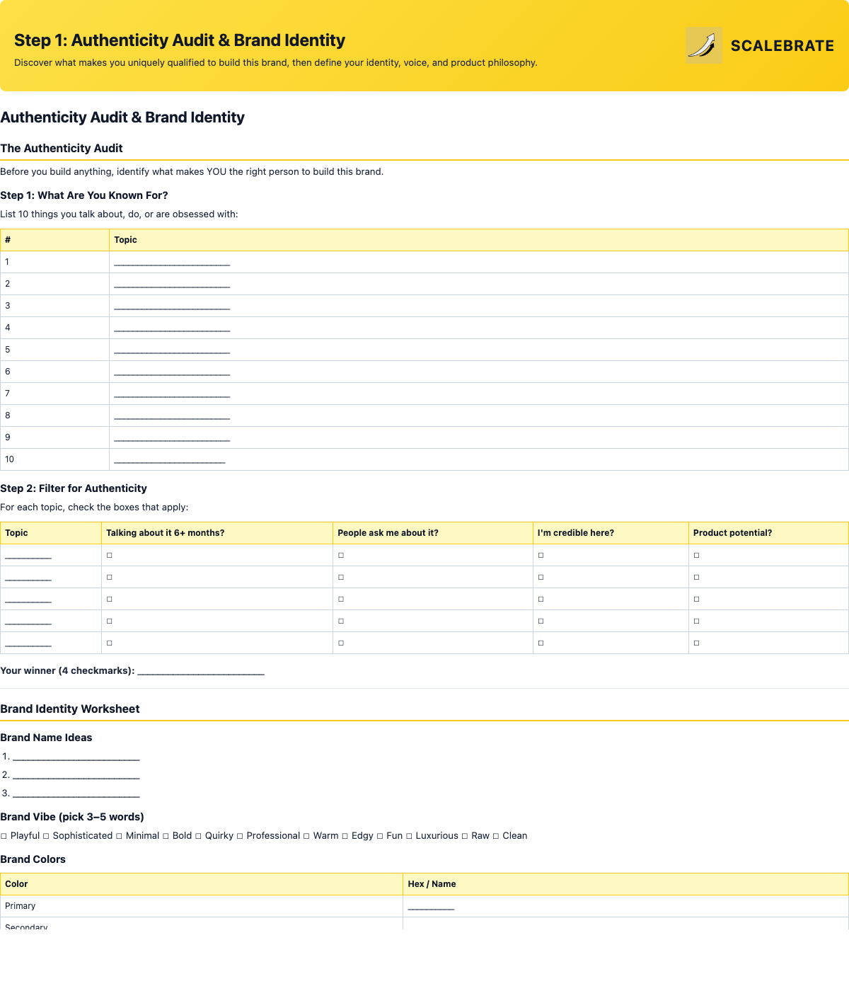 Preview of the Authenticity Audit & Brand Identity worksheet