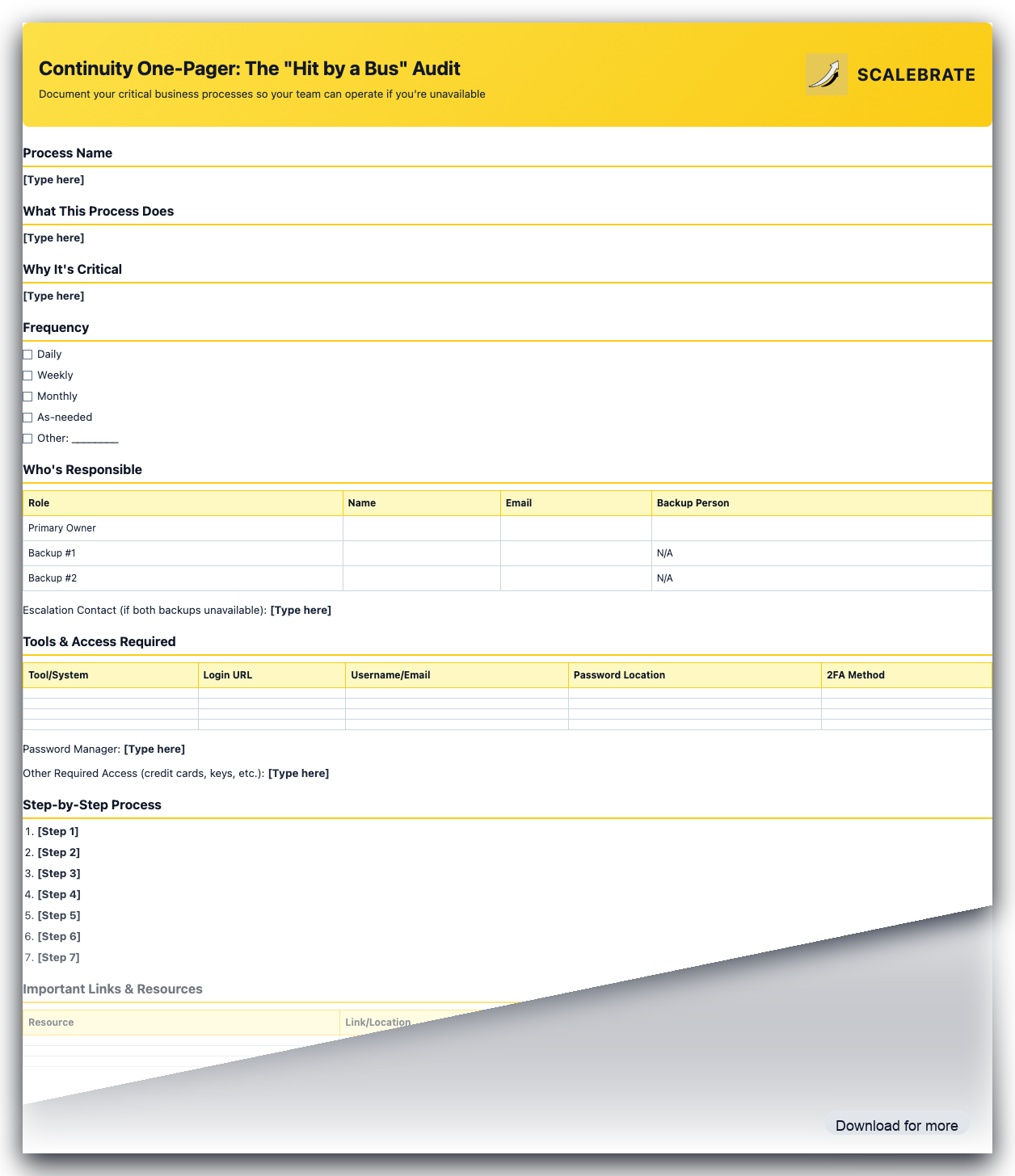 Preview of the Continuity One-Pager Template showing sections for process documentation, responsibilities, and access credentials
