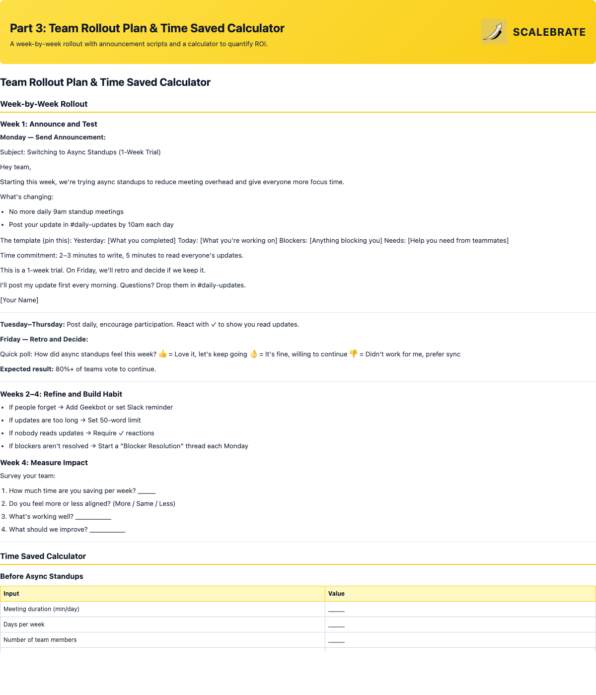 Preview of the Team Rollout Plan and Time Saved Calculator